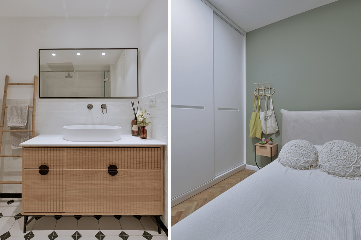 חדר ילדה קיר ירוק וארון אמבטיה מעץ